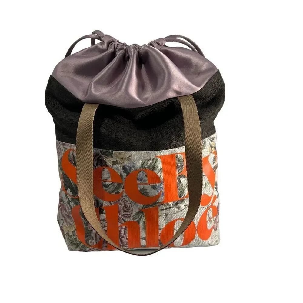 See By Chloé Floral Canvas Casual Style Logo Beige Brown and Purple Tote Bag